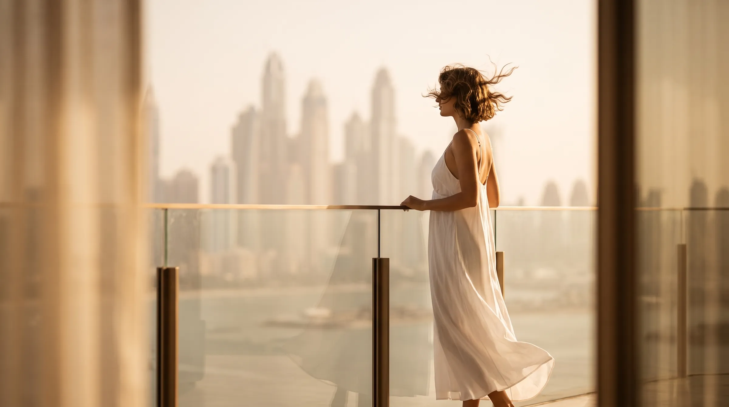 A resident at an AHS Properties residence overlooking the Dubai Marina skyline